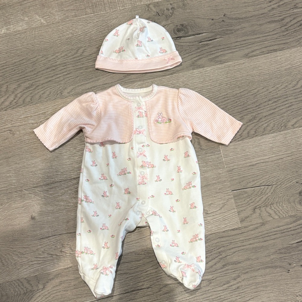 Little Me Pink and White Baby Bunny One Piece with Hat